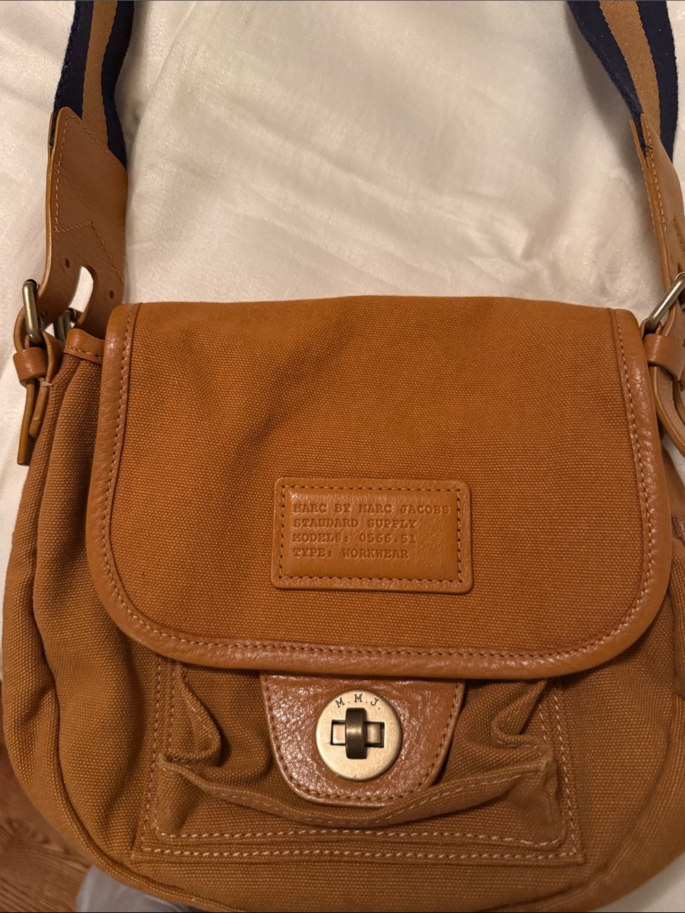 Marc By Marc Jacobs Tan Canvas Crossbody with Navy Strap